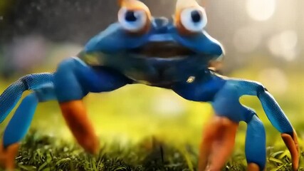 Whimsical Blue Crab Cartoon Creature on Grass Animated Adventure Close Up