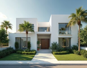 Fototapeta premium Modern minimalist suburban home. White stucco exterior, sleek design elements. Rich greenery, open front yard on a sunny summer day. Architecture reflects luxury real estate dwelling design.