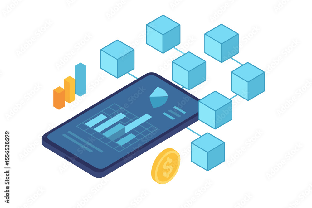 Poster accounting, big data, and blockchain technology are represented in isometric form, along with mobile