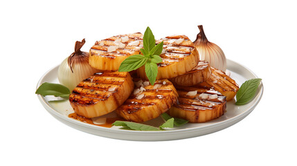 Appetizing grilled peach slices are artistically presented with basil and onions, creating a gourmet dessert still life transparent.