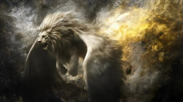 Majestic winged lion fantasy art, mythical beast flying through clouds