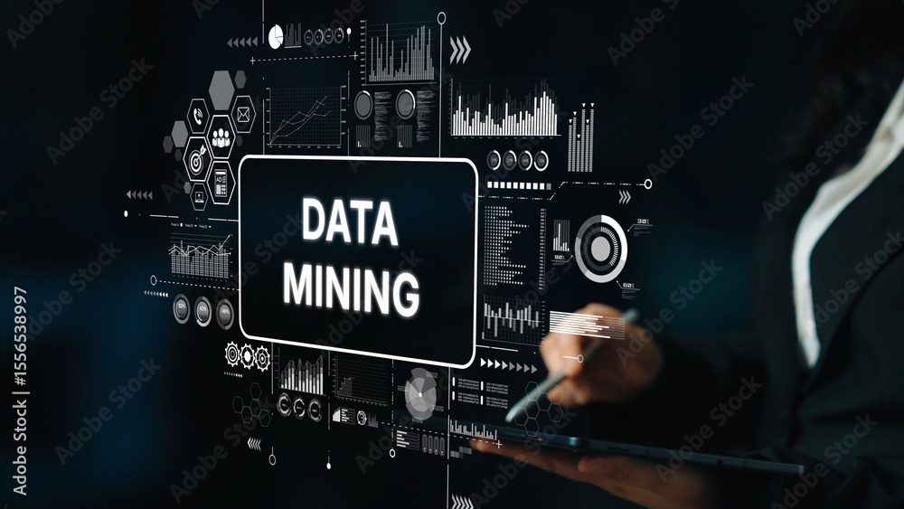 Poster business professional analyzing data mining concepts with graphs and technology elements in a modern