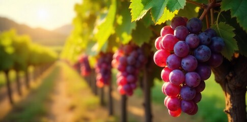 Fototapeta premium Sun-Ripened Grapes Hanging Heavy on the Vine A Rustic Vineyard Scene, Ready for Harvest and Homemade Winemaking