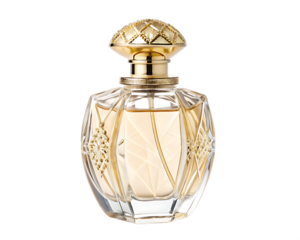Clear glass perfume bottle with ornate golden cap and decorative accents containing light yellow liquid isolated on a transparent background