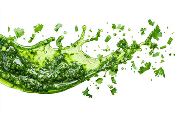Cutout of vibrant green chimichurri sauce splashing, isolated on a PNG transparent background