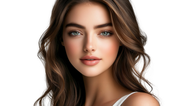 Beautiful young woman with long wavy hair and captivating blue eyes displaying natural makeup and soft lighting, perfect for beauty and portrait photography.