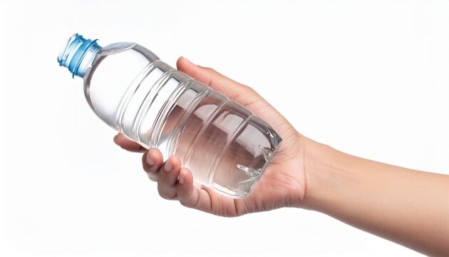 hand holding clear plastic water bottle filled with water isolated on white background