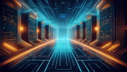 Fototapeta premium abstract representation of a high tech data center with glowing circuitry