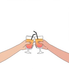 Two friends are celebrating by clinking their juice glasses together in a minimalist setting with a white backdrop