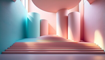pastel staircase with cylindrical structures and soft lighting in an empty room