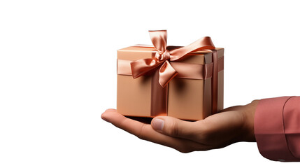 Gift box with ribbon held in palm against a blue backdrop makes for a special, elegant present transparent.