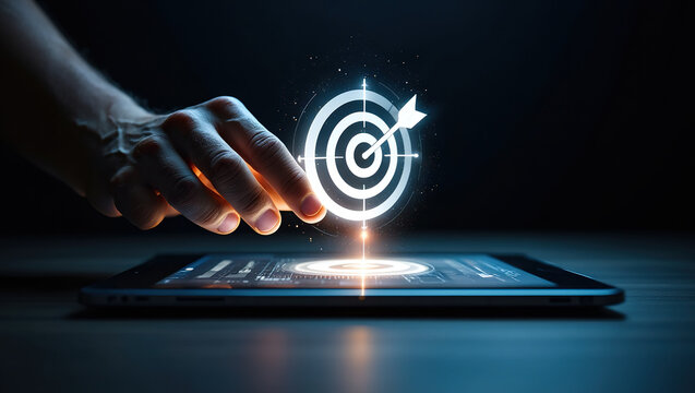 Hand Interacting with Digital Target on Tablet, Representing Precision Targeting, Marketing Strategy, and Achieving Business Goals Through Technology
