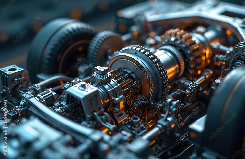 Poster illustration of advanced automobile engineering tech. machine-building and automation in car. igniti