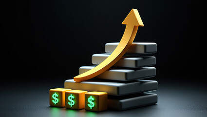 Obraz premium Financial Growth Concept with a Golden Arrow Ascending a Staircase of Blocks, Supported by Cubes with Dollar Signs Against a Dark Background in a Modern Style