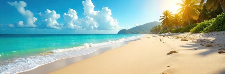 Serene Sun-Drenched Beach Turquoise Ocean Waves Gently Lap Golden Sands Under a Vibrant Summer Sky, Perfect for Travel and Vacation Themes