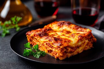 Layers of rich lasagna with melted cheese and savory meat sauce are plated, garnished with fresh parsley, and accompanied by glasses of red wine. The setting creates a warm dining atmosphere