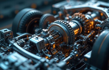 Illustration of advanced automobile engineering tech. Machine-building and automation in car. Ignition system, turbocharger, supercharger, electric motor, gear assembly. Modern auto tech concepts.
