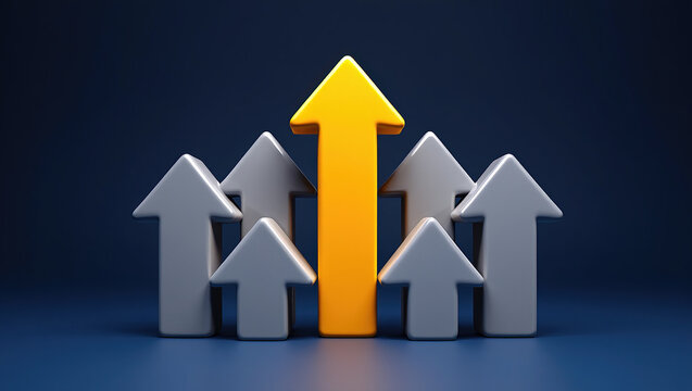 Leadership Concept with Yellow Arrow Standing Out Among Gray Arrows on Blue Background Representing Uniqueness, Success, and Direction in Business and Strategy
