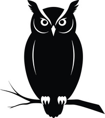 Simple black owl silhouette perched on a branch, modern vector icon for a company logo or brand symbol