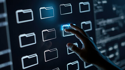 Data Management and Organization A Hand Selecting a Folder Icon on a Digital Interface Representing File Access Information Retrieval and System Navigation