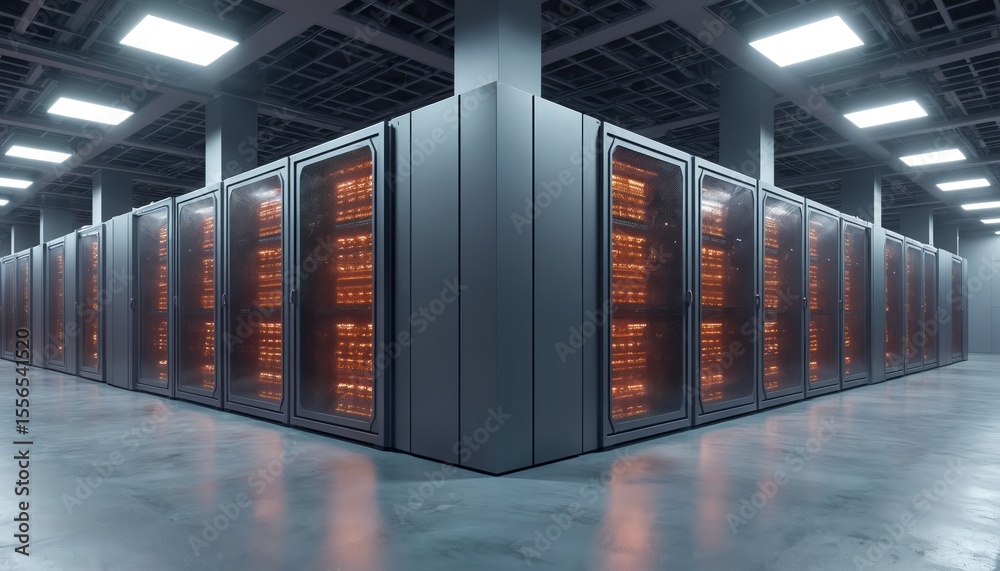 Poster Illustration of modern computer server room. Server racks with many server computers inside. Data center computing, information storage, data security, digital technology and cloud computing.