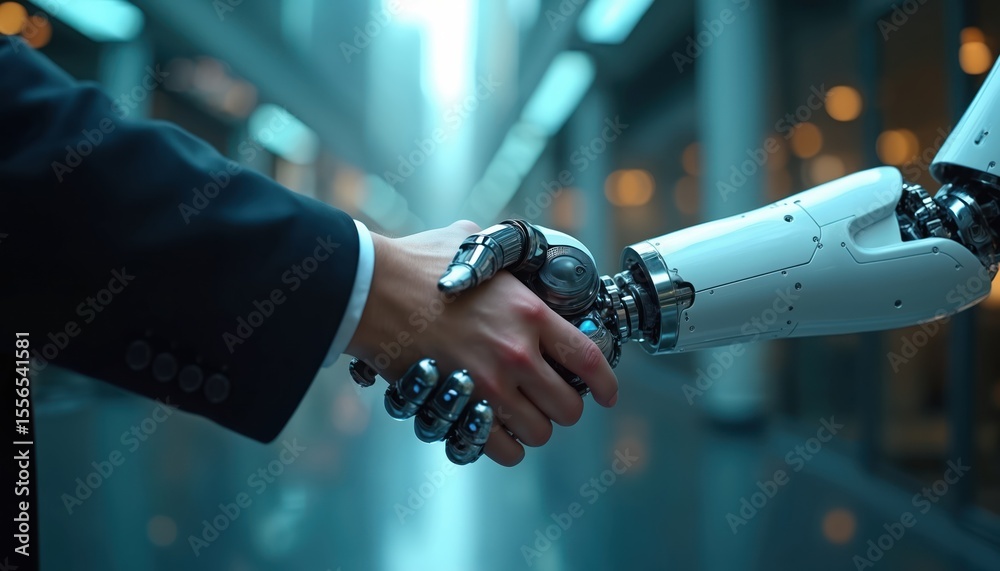 Poster human and robot handshake partnership in business. man in suit shaking metal hand of a futuristic an