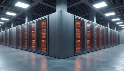 Illustration of modern computer server room. Server racks with many server computers inside. Data center computing, information storage, data security, digital technology and cloud computing.