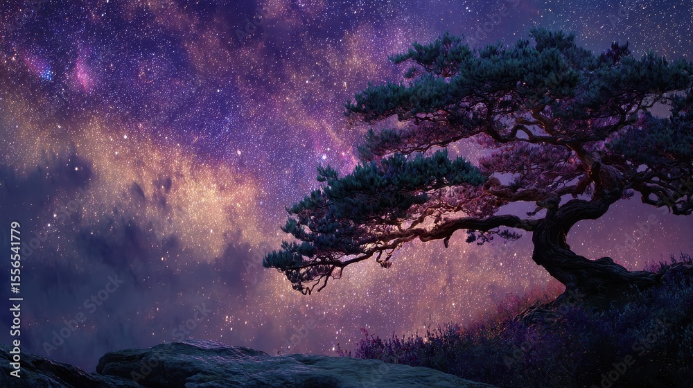 Poster tree on a hill glows in the twilight beneath a sky full of stars at nighttime