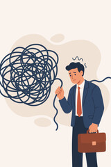 Businessman Solving Complex Problems Metaphor. Untangling Stress, Anxiety, Overload at Work. Abstract Concept of Mental Burden, Workplace Pressure, Difficult Decisions, Corporate Challenge
