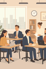 Business team collaboration in modern office workspace. Coworkers at desks with laptops, discussing projects, teamwork, communication, brainstorming, analysis, professional workplace environment