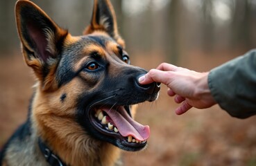 Close-up of German Shepherd interacting with human hand. Dog touches nose. Expression may be perceived as warning. Pet training, animal behavior or human animal relationship concept.