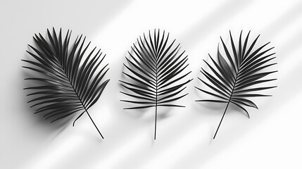 Fototapeta premium Minimalist arrangement featuring three black palm leaves and subtle shadows on a clean white background