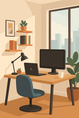 Modern home office workspace interior. Remote work concept. Minimalist desk with computer, laptop, lamp, bookshelves, houseplants, city view window. Productive work environment illustration