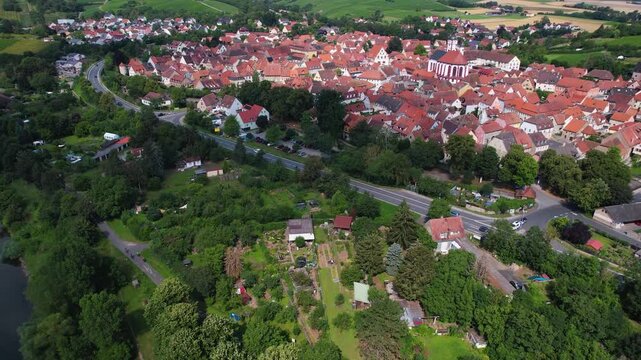 A panoramic aerial view of the city Dettelbach in Germany on a sunny day in spring
