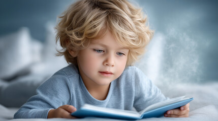 Precious Boy Lost In Wonderful Storytelling Adorable Child Reading Captivating Books In Bedtime