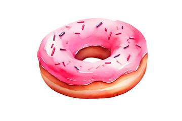 Single watercolor doughnut with pink icing and sprinkles. Delicious sweet dessert food for bakeries and treats on transparent background.