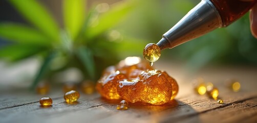 Close-up of live resin extract on dabbing tool. Droplet of potent cannabis concentrate. Viscous, golden, glossy substance drips. Wax, oil, shatter. Alternative medicine, therapy concept.