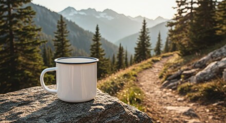 Blank Enamel Mug Mockup on Rock by Hiking Trail with Mountain Background and Logo Space