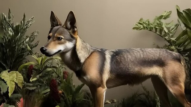 Red wolf portrait amid lush vegetation: a study in wild serenity and nature connection
