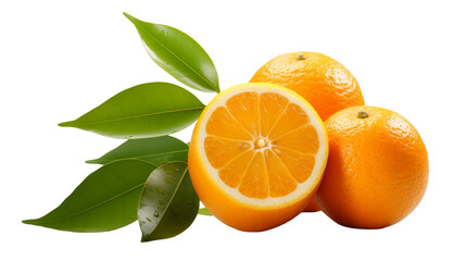 Fresh oranges with vibrant green leaves evoke a feeling of citrusy zest and healthy eating, perfect for nutritional themes transparent.