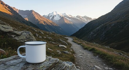 Blank Enamel Mug Mockup on Rock by Hiking Trail with Mountain Background and Logo Space