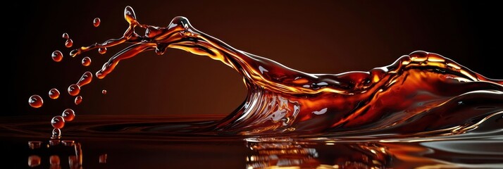 Soy sauce and barbecue sauce combining in a bold, swirling splash with a rich, glossy finish against a dark background