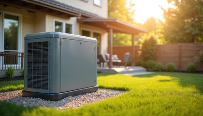 Home standby generator installed backyard house. Air-cooled natural gas or liquid propane backup power system for residential use, supplying electricity during power outage. Exterior view, lawn grass.