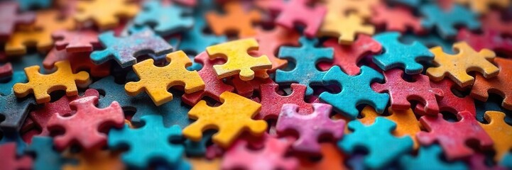 Close-up of a chaotic jumbled pile of colorful jigsaw puzzle pieces, some fitting together, others scattered, depicting a sense of confusion and incomplete solution , difficult, incomplete, pattern