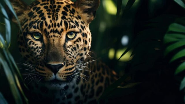 Close-up video of a leopard peering through lush foliage, capturing its intense gaze. Shot from a low angle, emphasizing the jungle's depth and mystery. Live desktop wallpaper.