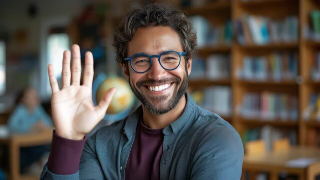 Smiling Hispanic male teacher greeting students in cozy classroom with bookshelves, warm natural tones, educational promo video for school advertising, distance learning, and academic content, with co