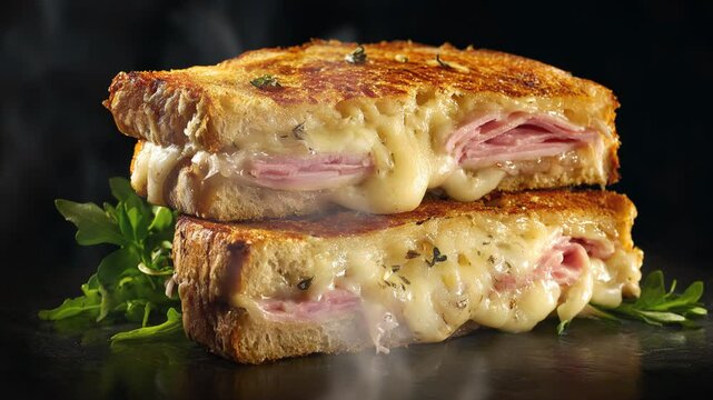 Croque monsieur with lighting on black background with smoke