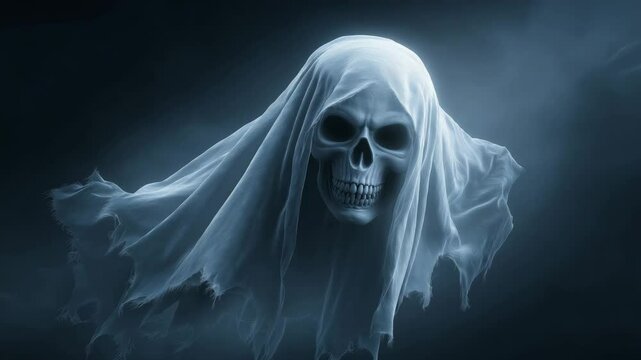 Spooky ghost with skull face floating toward viewer in eerie fog, blue and gray tones, horror-themed animation video background for Halloween promos, haunted house intros, or scary social media story