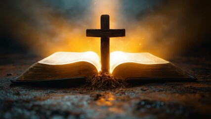 Glowing wooden cross standing upright in open Bible as golden divine light shines upward, symbolizing faith and spiritual awakening, warm mystical atmosphere, religious video loop for Easter, sermon b