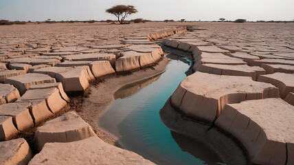 Fototapeta premium The cracked earth of a desert landscape with a stream of water running through it.